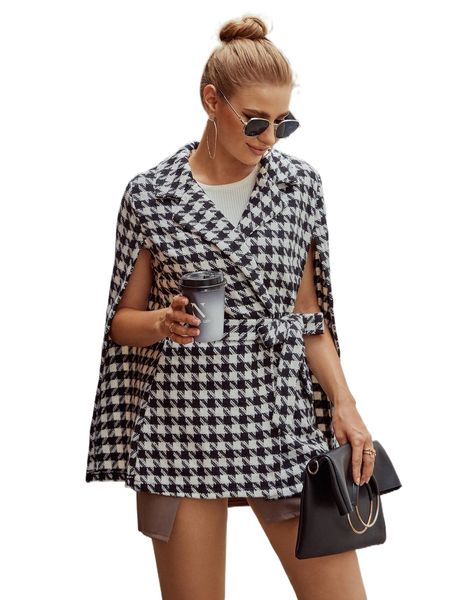 

houndstooth pattern belted tweed cape coat o1qe#, Black