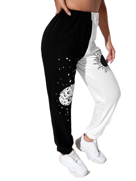 

sun & moon print colorblock sweatpants 23ka#, Black;white