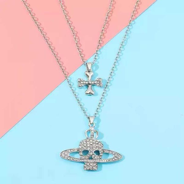 

designer saturn surrounds skull with diamond necklace creative punk halloween vivian westwood necklaces, Black