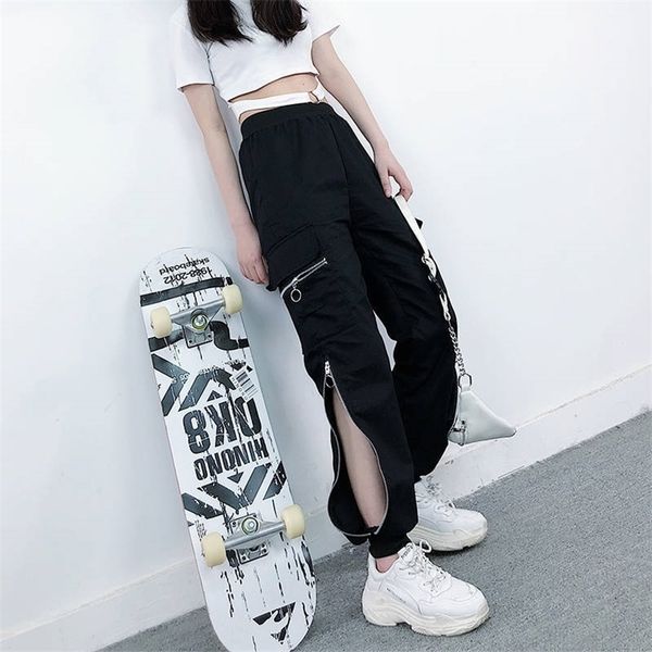 

eachin women fashion zipper cargo pants black elastic waist loose streetwear jogger trousers female plus size casual sport pants 201012, Black;white