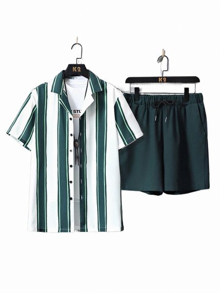 

men striped print shirt & drawstring waist shorts without tee g0iz#, Gray