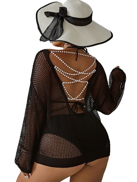 

plus open knit faux pearls beaded cover up s14r#, Black