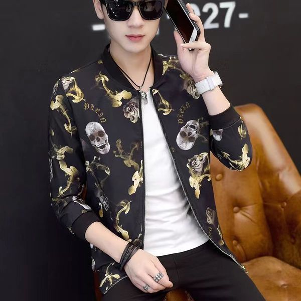 

autumn and winter cotton thickened men's flower jacket trend self-cultivation youth baseball uniform plus size color coat fat man 4xl 5, Black;brown