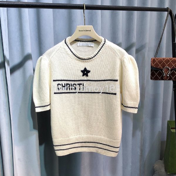 

women's knits & tees wool cashmere sweater early autumn letter five pointed star jacquard round neck pullover white fumei short sleeved
