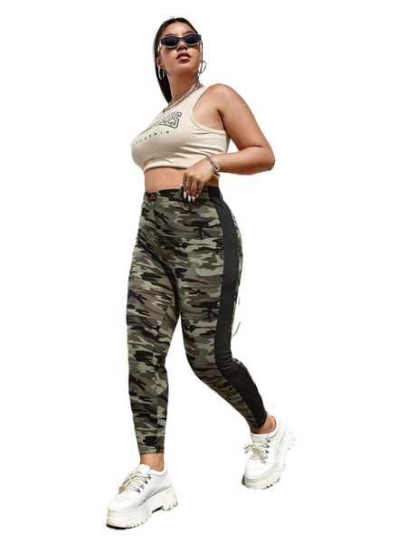

plus camo print letter patched leggings i34q#, Black