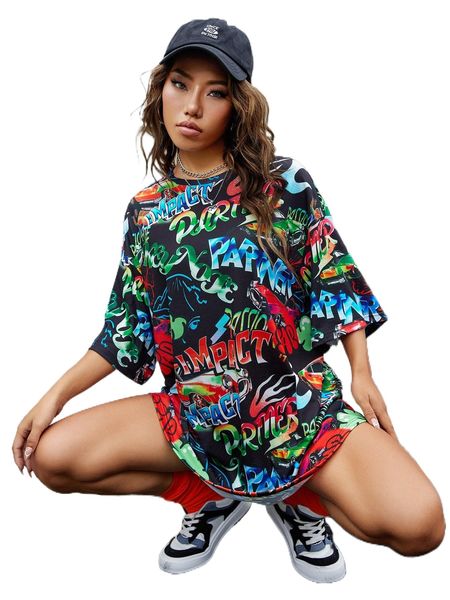 

letter & car print drop shoulder tee dress y4ep#, Black;gray