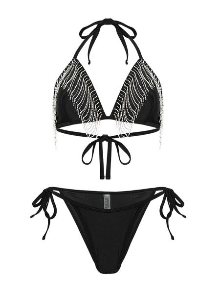 

rhinestone fringe trim triangle tie side bikini swimsuit x2s0#, White;black