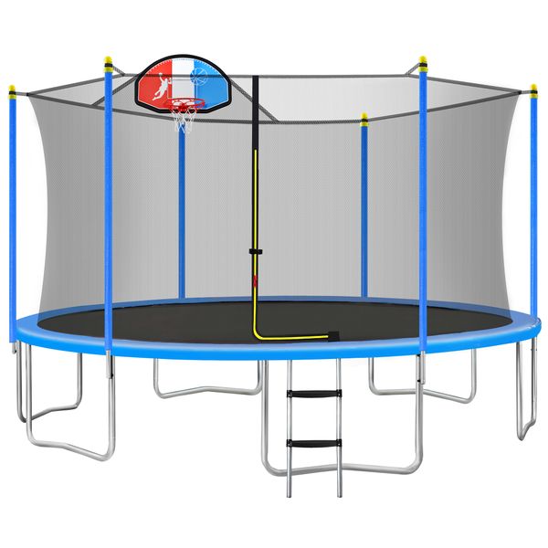 

15ft trampoline for kids bed with safety enclosure net basketball hoop and ladder easy assembly round outdoor recreational trampoline