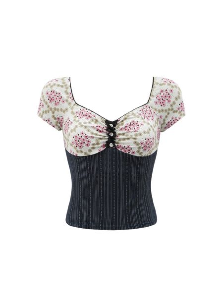 

floral print contrast lace ruched bust tee 48uz#, White