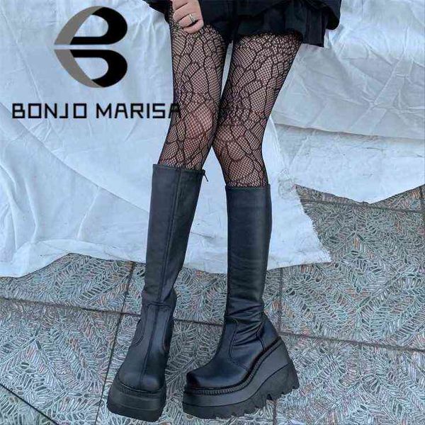 

boot bonjomarisa ladie fashion platform chunky heel wedge mid calf women casual brand thick bottom winter shoe woman 220805, Black