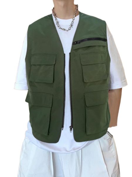 

men flap pocket zip up vest jacket without tee l2la#, Black;brown