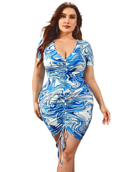 

plus drawstring front marble print bodycon dress y8tz#, Black
