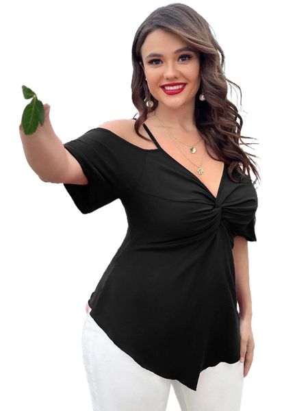 

plus cold shoulder twist front tee q2qu#, Black