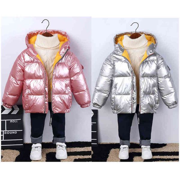 

big size keep warm winter boys and girls jacket 2021 new style shiny hooded outerwear for kids children christmas gift j220718, Blue;gray