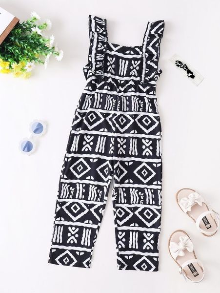 

toddler girls geo print ruffle trim jumpsuit she, Blue
