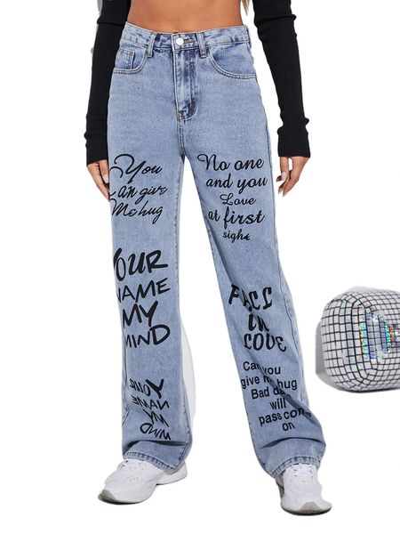 

slogan graphic high waist boyfriend fit jeans 01xb#, Blue