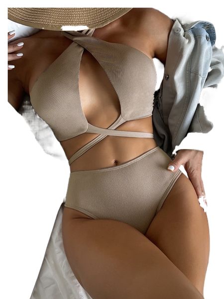 

plain rib criss cross bikini swimsuit z1jh#, White;black