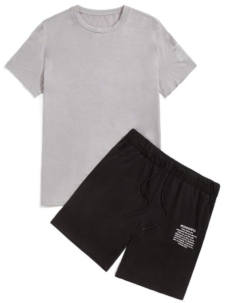 

men slogan graphic drawstring tee & drawstring waist shorts g9bv#, Gray