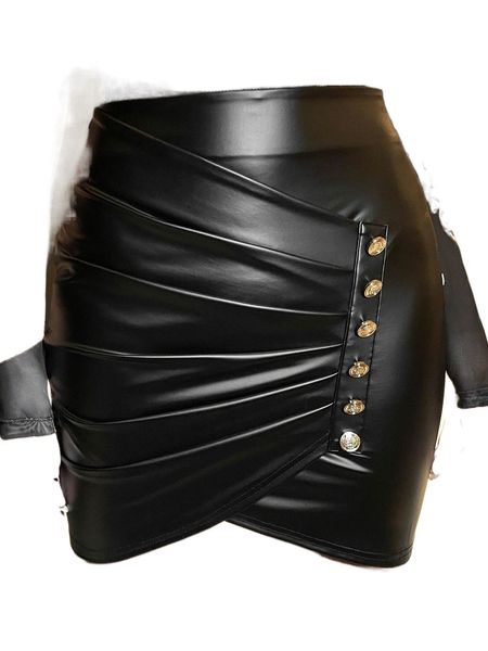 

button side ruched patent bodycon skirt i1w9#, Black