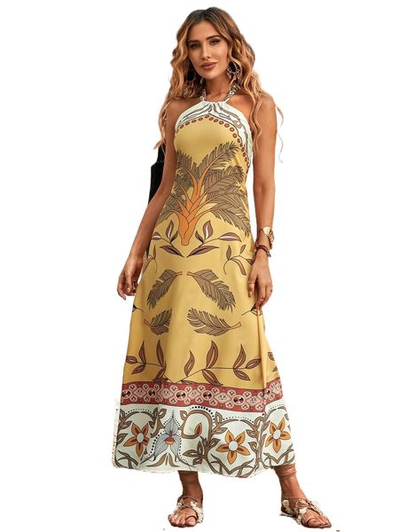 

floral print cut out tie backless halter dress p9vv#, Black;gray