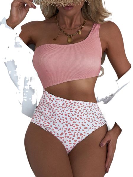 

color block cut-out one shoulder one piece swimsuit 06gx#, White;black