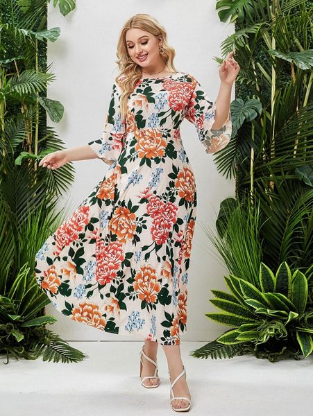 

plus random floral print flounce sleeve dress x17d#, Black