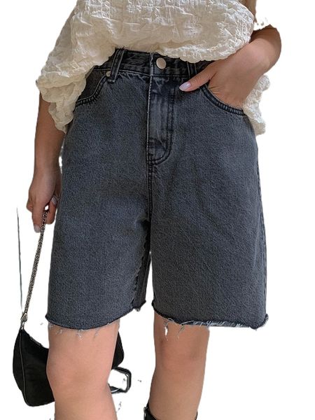 

dazy high waist frayed hem bermuda denim shorts t66o#, White;black