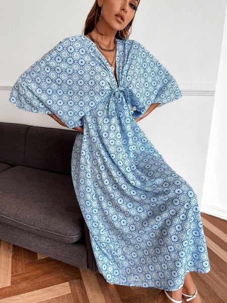 

allover print knot front smock dress w4tx#, Black;gray