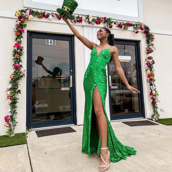 

stunning green mermaid prom dress sequined appliques v neck 3d flowers high side slit floor length long evening dresses formal party gowns f, Black