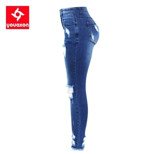 

2127 youaxon sxxxxxl ultra stretchy blue tassel ripped woman denim pants trousers for women pencil skinny jeans y200417