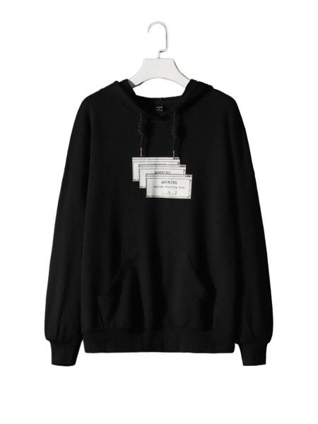 

x iiiamselina graphic print pouch pocket drawstring hoodie c04j#, Black