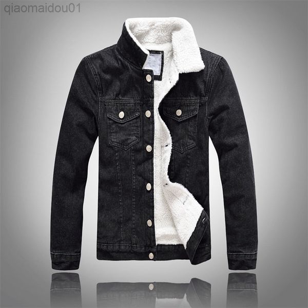 

men winter solid casual jacket 2022 new bomber denim fashion jean biker wool lined leisure plus size l220726, Black;brown