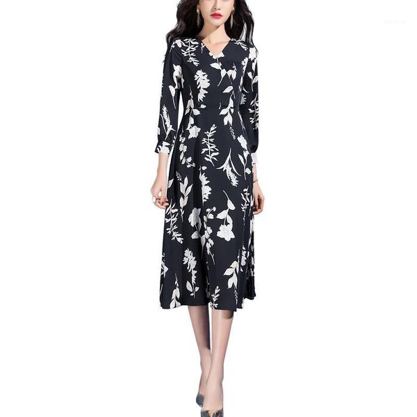 Casual Kleider Mode 2022 Frühling Drei Viertel Sleeve V-ausschnitt Vestidos Blumendruck Schwarzes Kleid Für Frau