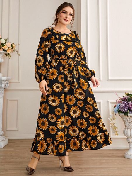 

plus floral print lantern sleeve ruffle hem belted dress 29o4#, Black