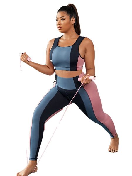 

plus four-way stretch colorblock sports set i0kq#, Black