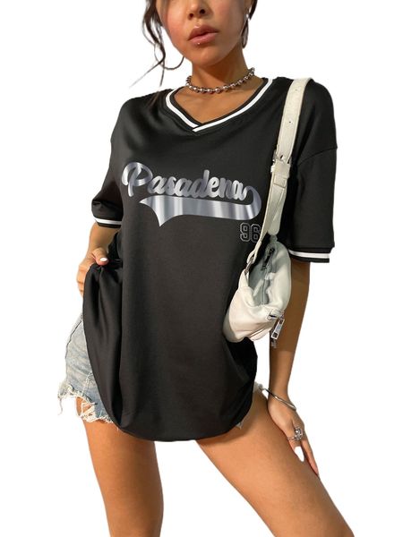 

letter graphic striped trim drop shoulder oversized tee p505#, White