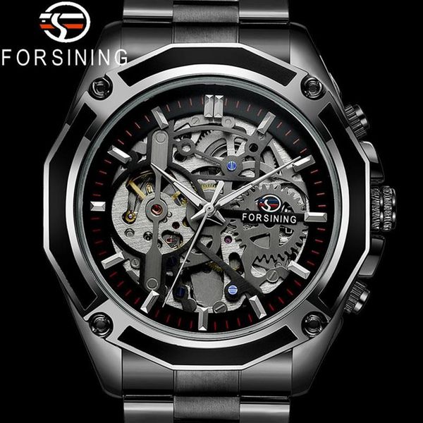 

forsining automatic mechanical men wristwatch military sport male clock brand luxury black steel skeleton new man watch 8130 y268t, Slivery;brown