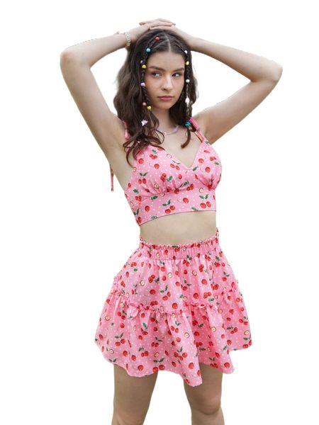 

mod polka dot & cherry print shirred cami & paperbag waist frilled skirt c3mv#, White