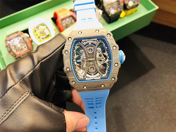 Mens Otomatik Saat İskelet Hareketi Karbon Fiber Kılıf Erkekler Spor Saatleri Kauçuk Kayış Montre De Luxe