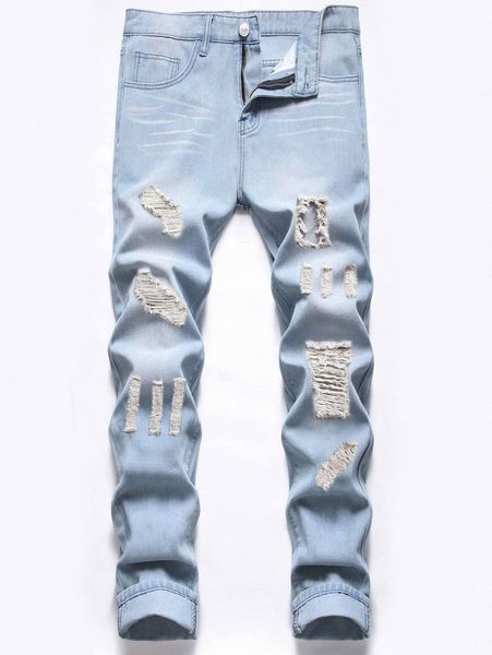 

romwe guys washed ripped jeans x5dr#, Blue