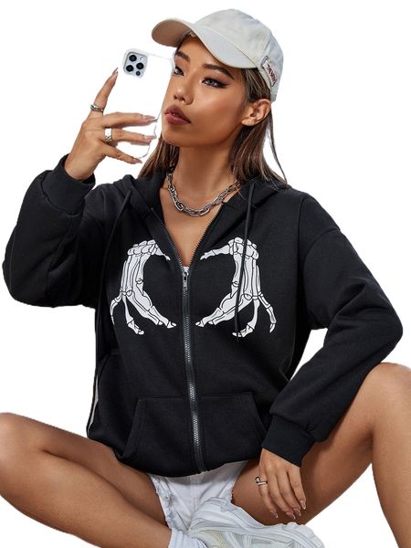 

skull hands print zip up drop shoulder drawstring hoodie 47zh#, Black