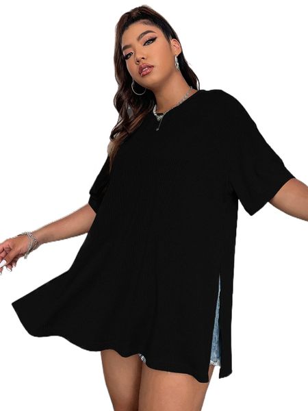

plus drop shoulder slit hem tee q13l#, Black