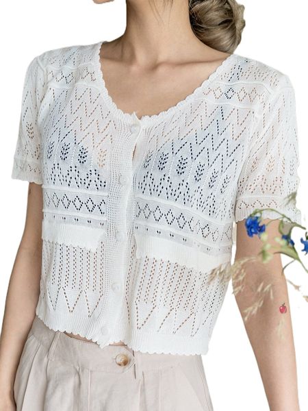 

dazy scallop trim button front crop knit without bra b593#, White;black