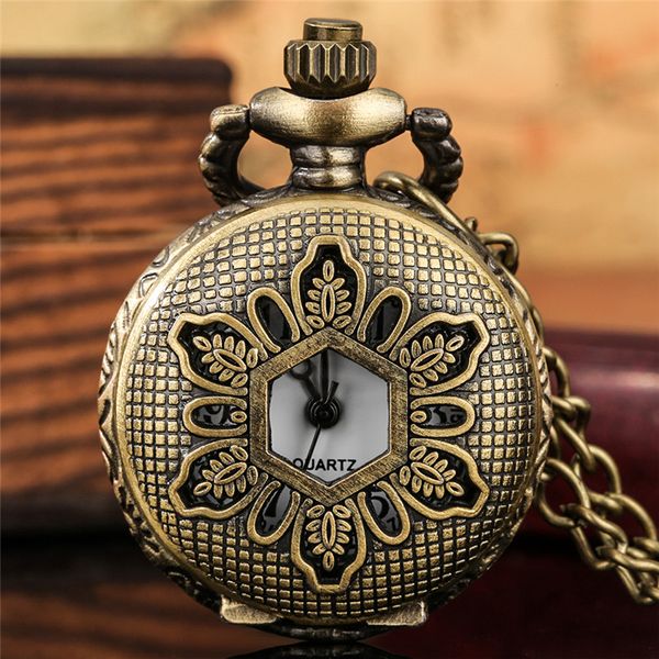 

bronze watches hollow out flower leaf case necklace chain quartz pocket watch for men women arabic number display clock gift, Slivery;golden
