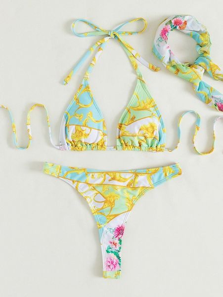 

3pack floral print micro triangle thong bikini swimsuit m31y#, White;black
