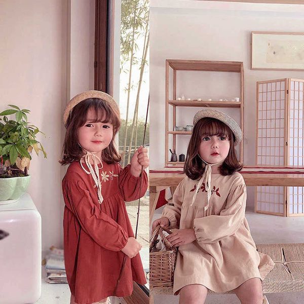 

spring and autumn girls dress korean style embroidered flowers sweet princess long-sleeved baby kids childrens clothing, Red;yellow