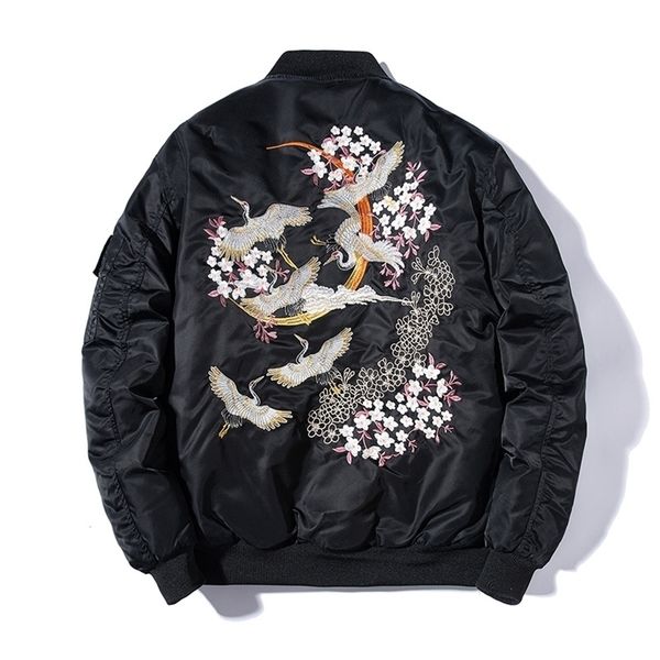 

embroidery bomber jacket men thin bird floral pilot jacket male japan harajuku baseball jacket spring autumn streetwear 201127, Black;brown