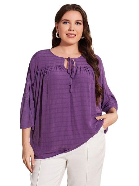 

plus ruched batwing sleeve tie neck blouse d9oa#, Black