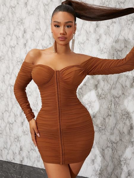 

sxy 1pc ruched off-the-shoulder bodycon mini dress 69pv#, Black;gray