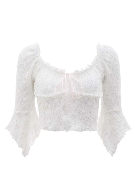 

sweetheart neck knot front lettuce trim crop blouse m96y#, White